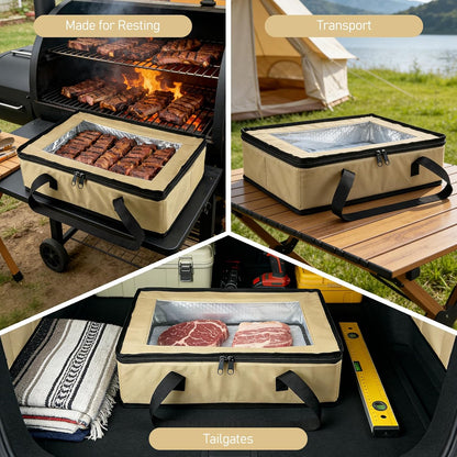BANGIE BBQ Meat Resting Blanket & 9x13 Foil Pan Carrier - Leakproof Insulated Casserole Transport Bag with Visual Window, Rigid Hard Bottom - Birthday Father's Day Grilling Gifts for Men, Dad,Green