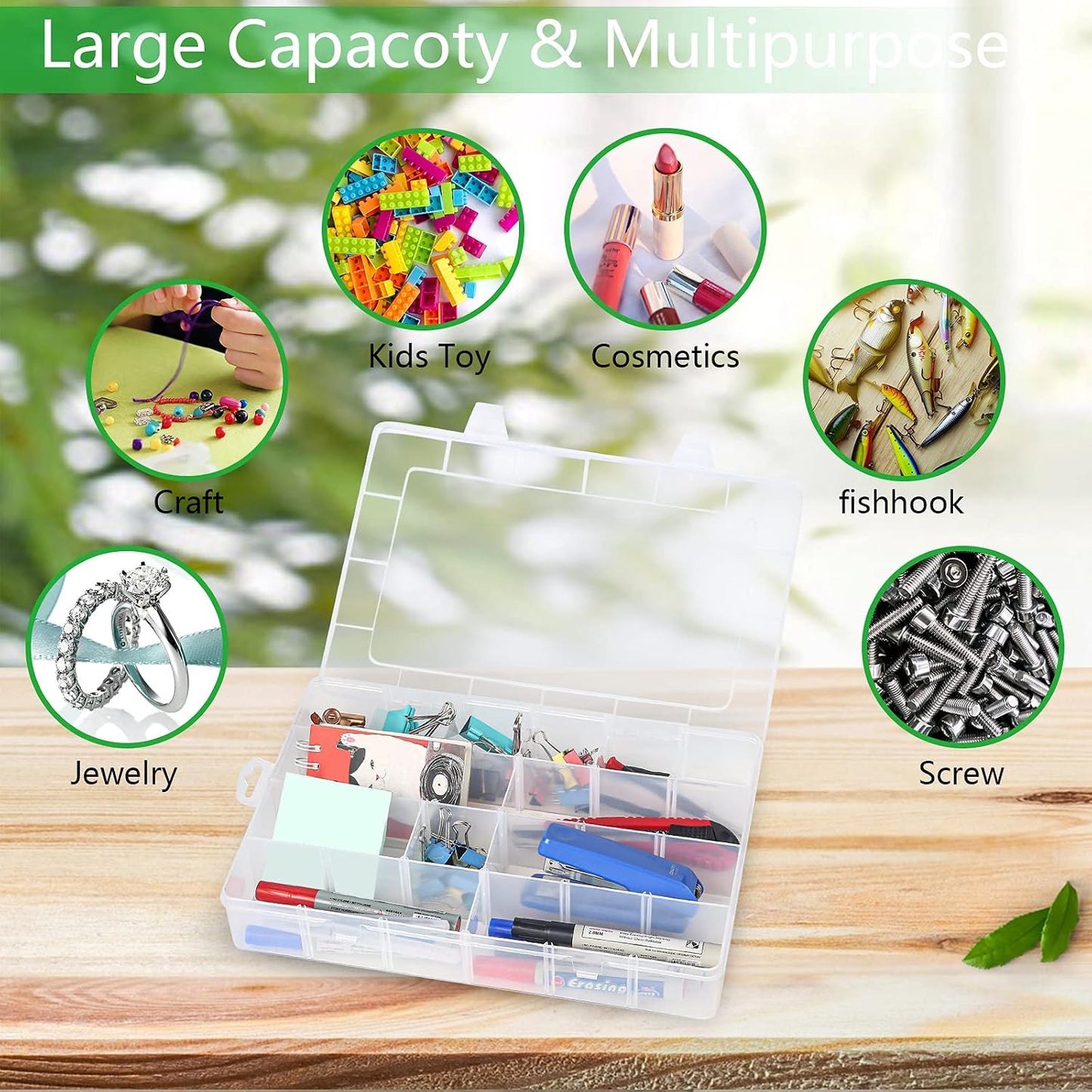 Gbivbe Large 24 Grids Plastic Organizer Box Adjustable Dividers,Clear Storage Box for Jewelry, Art DIY Crafts, Washi Tapes, Beads and Small Parts