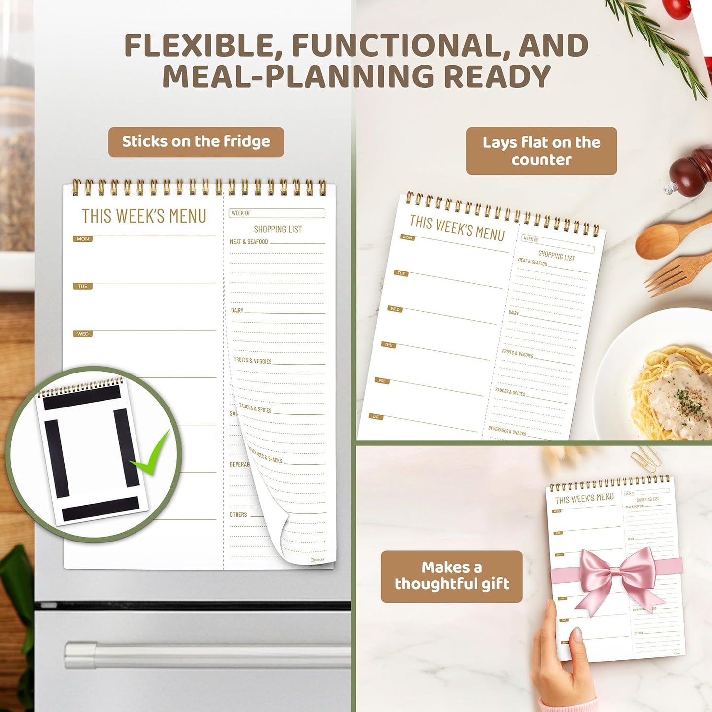 Decorably 52 Sheets Minimalist Undated Magnetic Weekly Meal Planner and Grocery List with 4 Strong Magnets, 7x10in Spring-Bound Refrigerator Mountable, Easy Tear-Off Design