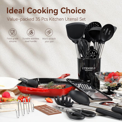 Silicone Cooking Utensils Set, NCUE 35 Pcs Kitchen Utensils Set with Holder, with Stainless Steel Handle Spatula Set, Spoons, Pasta Server, Cheese Grater, Masher, Scissors, Dishwasher Safe (Khaki)