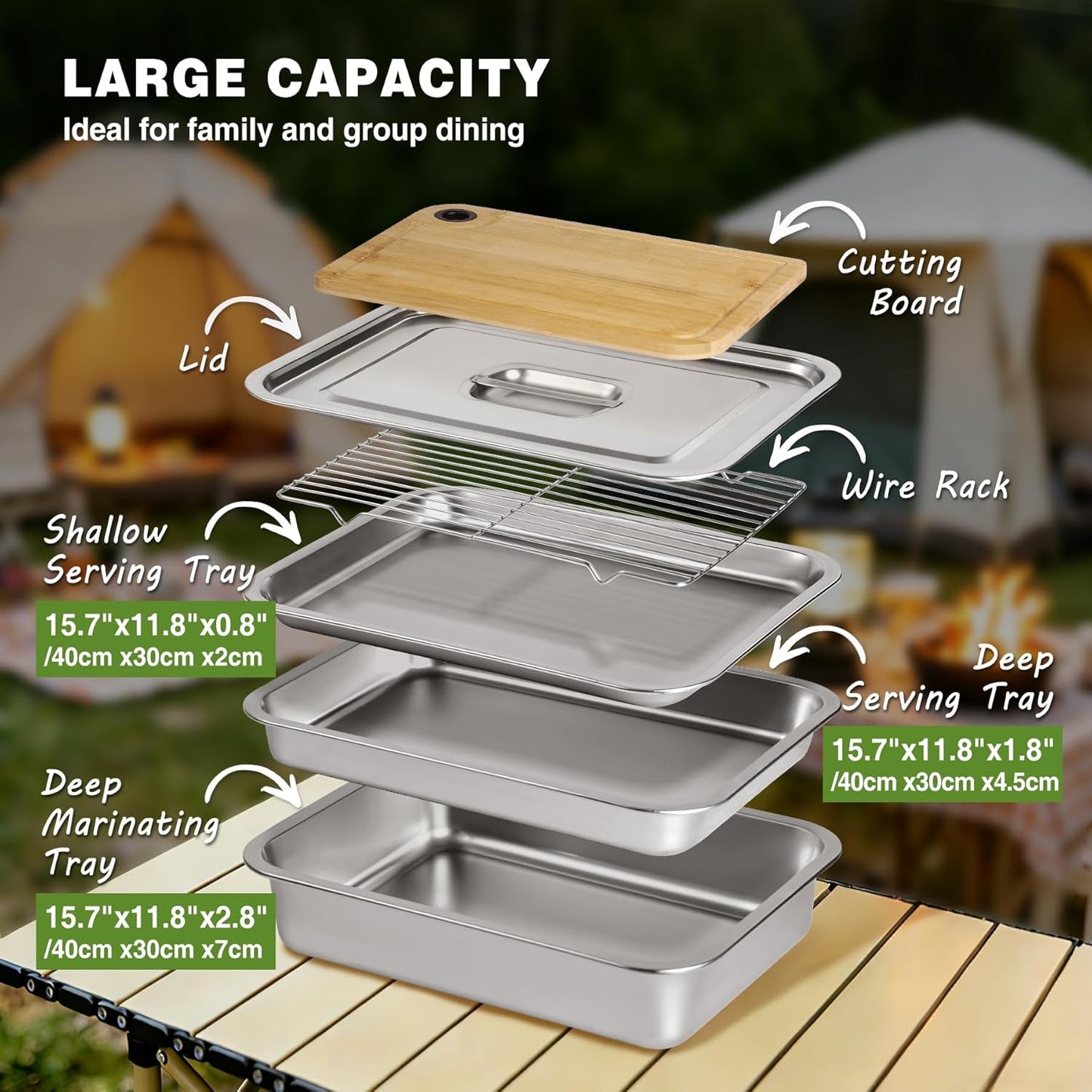 Lineslife 6pcs Grill Prep and Serve Trays, Stainless Steel Marinade Container with Lid, Grill Carry System Cutting Board for Outdoor Cooking BBQ Grill Accessories, Grilling Gift for Grill Lovers