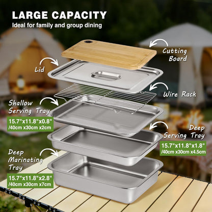 Lineslife 6pcs Grill Prep and Serve Trays, Stainless Steel Marinade Container with Lid, Grill Carry System Cutting Board for Outdoor Cooking BBQ Grill Accessories, Grilling Gift for Grill Lovers