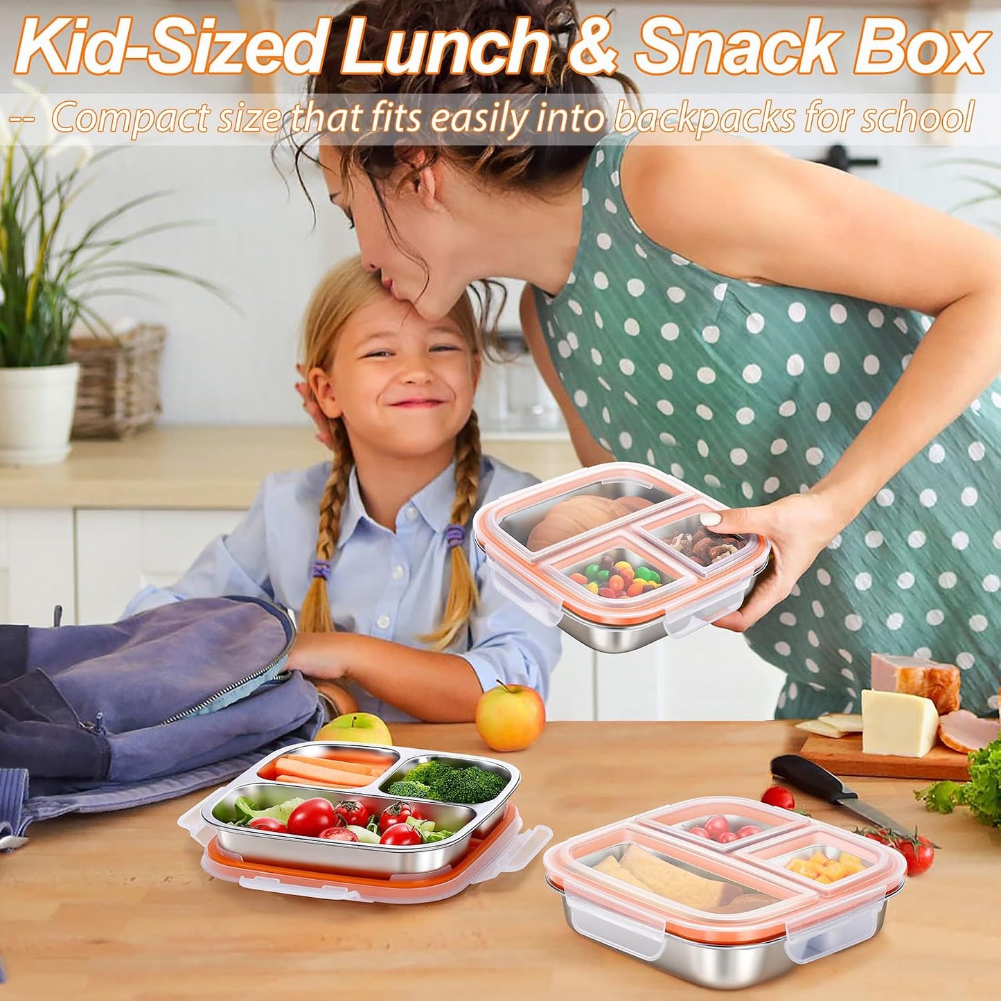 KTKUDY 3 Pack Stainless Steel Snack Containers - Kids Lunch Containers with 3 Compartment - Divided Meal Prep Bento Box for Kids Daycare, School, Work, Travel