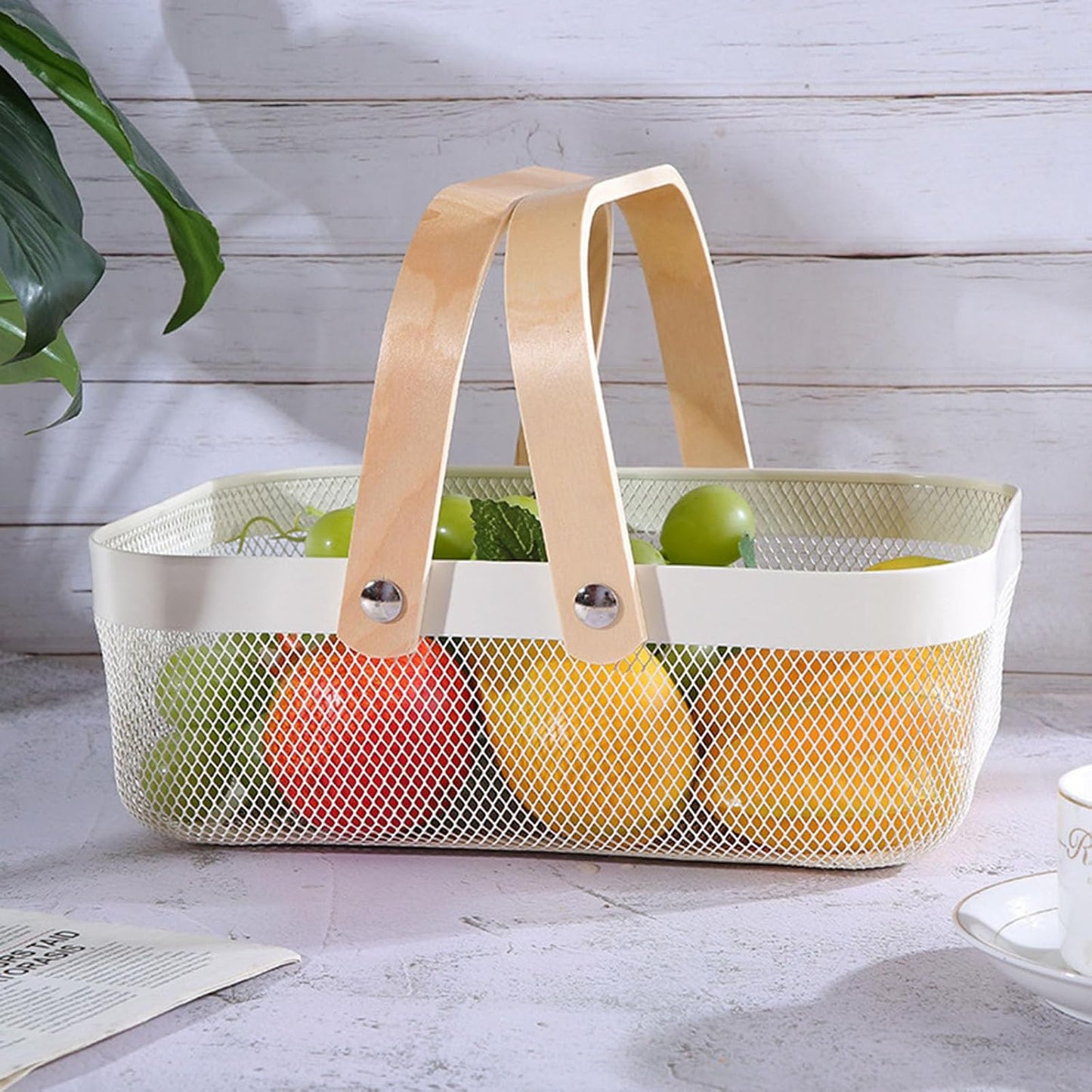 AJIODA Metal Mesh Steel Basket, Storage Organizer Basket Garden Harvest Basket Multi-functional Kitchen Fruit Baskets Bin with Wooden Handle for Bathroom Picnic Shopping Decor Cabinet Home, Pink