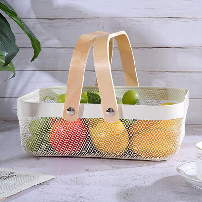 AJIODA Metal Mesh Steel Basket, Storage Organizer Basket Garden Harvest Basket Multi-functional Kitchen Fruit Baskets Bin with Wooden Handle for Bathroom Picnic Shopping Decor Cabinet Home, Pink