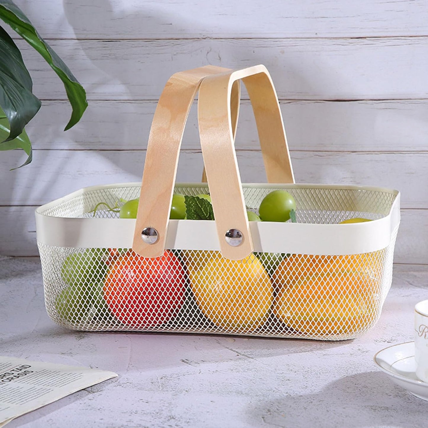 AJIODA Metal Mesh Steel Basket, Storage Organizer Basket Garden Harvest Basket Multi-functional Kitchen Fruit Baskets Bin with Wooden Handle for Bathroom Picnic Shopping Decor Cabinet Home, Pink