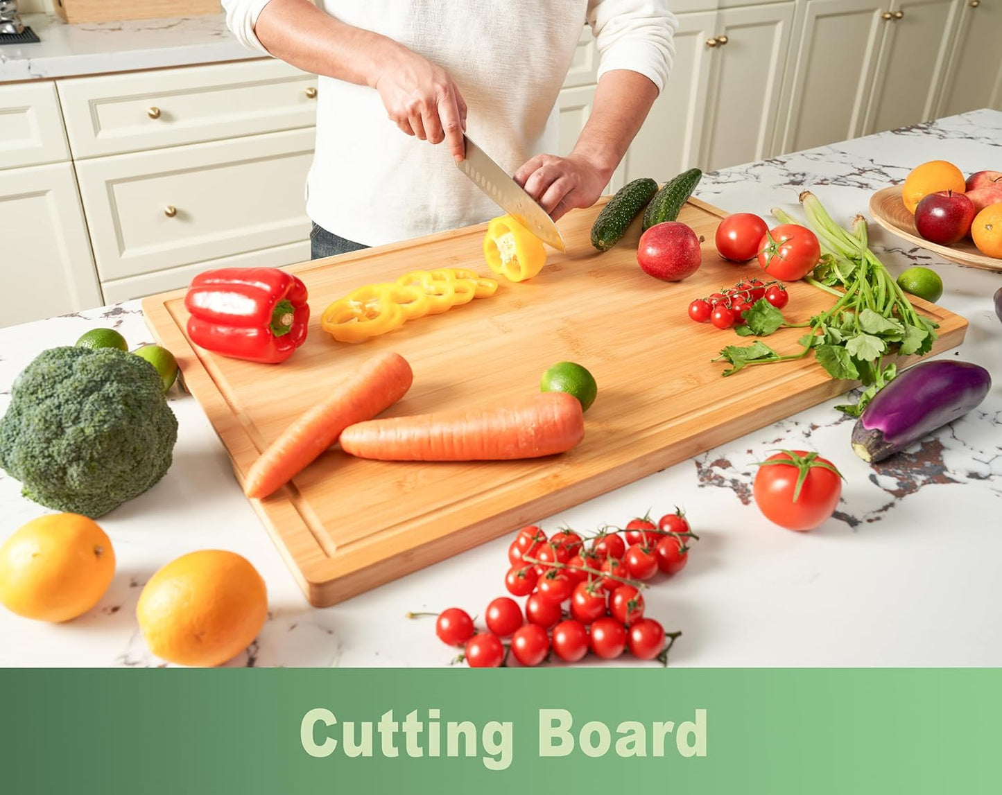 Bamboo Cutting Board for Kitchen, 18" Large Wood Charcuterie Cheese Board, Wooden Chopping Block with Side Handles and Juice Grooves