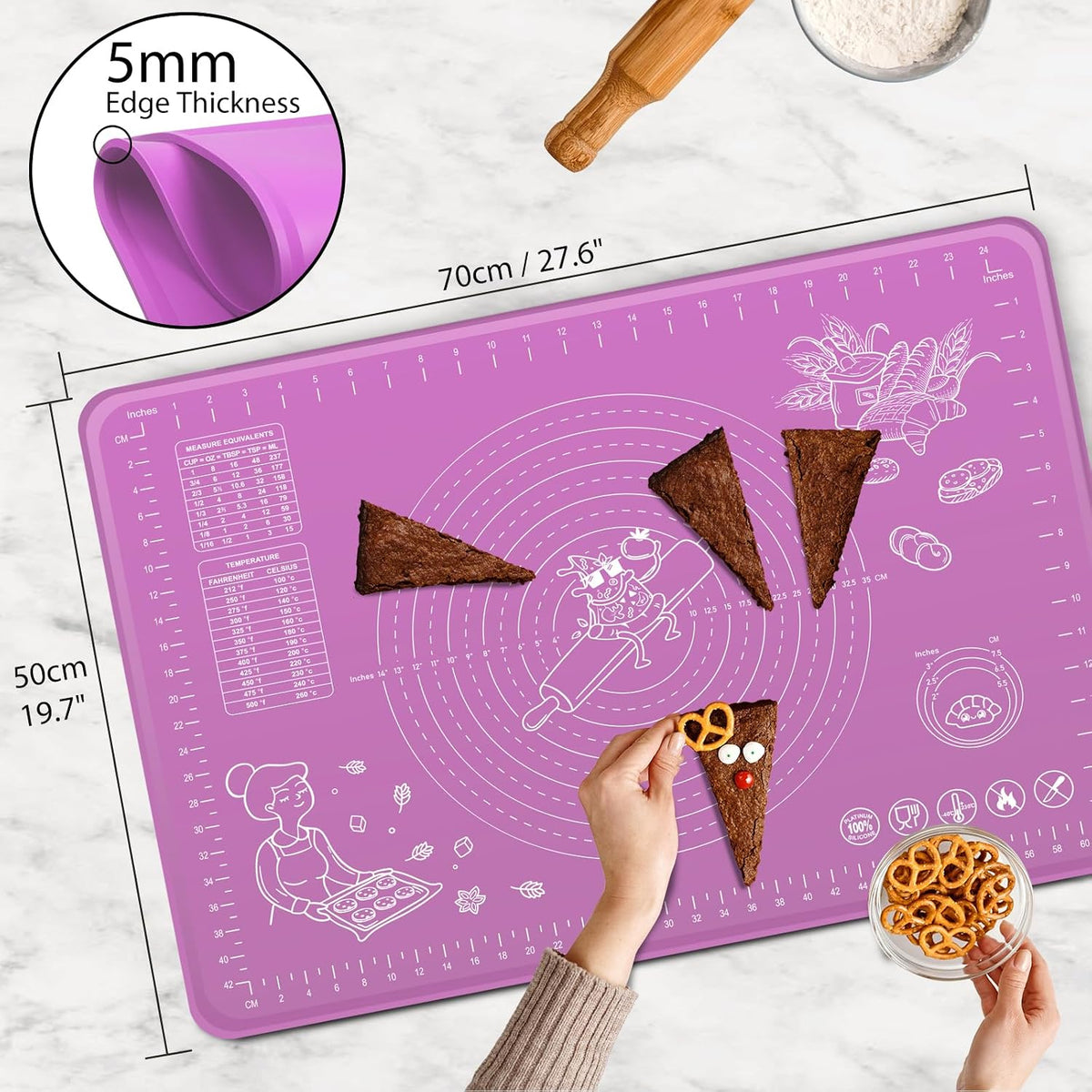 Silicone Baking Mat 28" x 20" Extra Thickness Dough Rolling Mat with Measurements and Edge Heightening, Non-stick Food Grade Silicone Pastry Mat for Pastry, Bread, Cookies, Pizza, Fondant, Pasta-Black