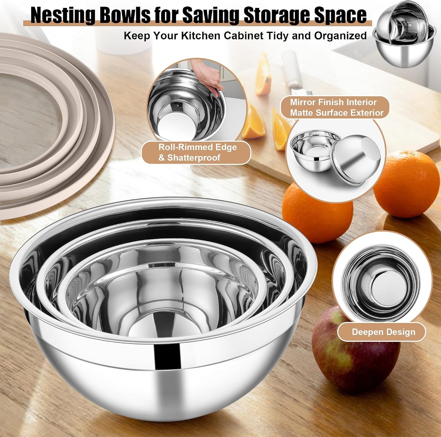 E-far Mixing Bowls Set of 5, Stainless Steel Salad Mixing Bowl with Transparent Lid, Metal Nesting Bowl Attach with 3 Graters for Kitchen Prepping/Serving/Baking/Storage, 4.6/2.6/1.5/1/0.7 QT - Black