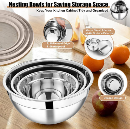 E-far Mixing Bowls Set of 5, Stainless Steel Salad Mixing Bowl with Transparent Lid, Metal Nesting Bowl Attach with 3 Graters for Kitchen Prepping/Serving/Baking/Storage, 4.6/2.6/1.5/1/0.7 QT - Black