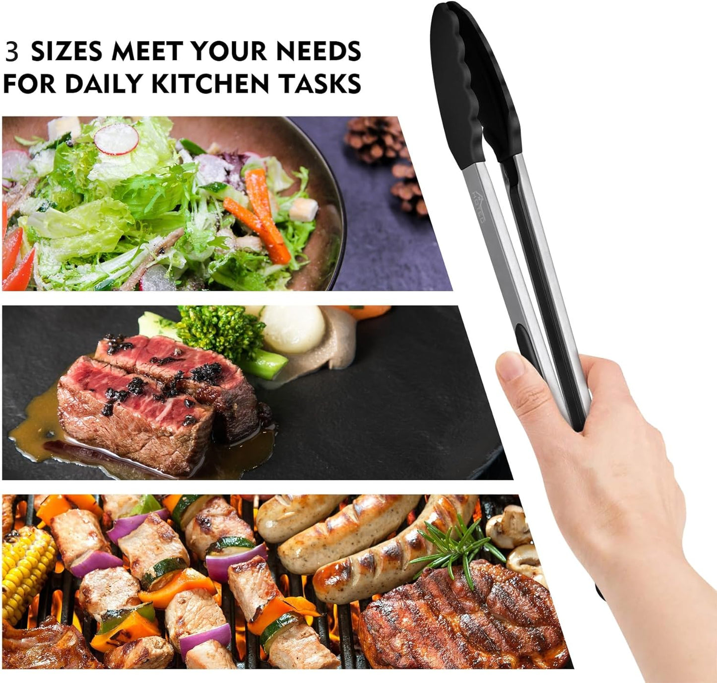 HOTEC Premium Stainless Steel Locking Kitchen Tongs with Silicon Tips, Set of 2-9" and 12"