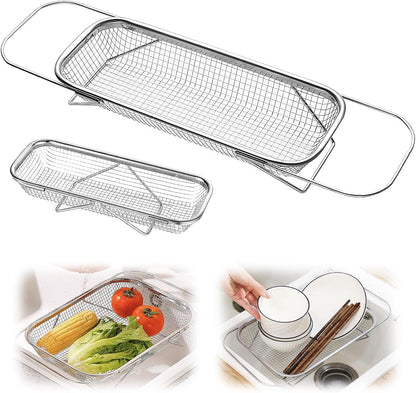 upgrade over the sink mesh colander expandable strainer stainless steel vegetable basket for kitchen sink (40 * 13 * 6.5cm)