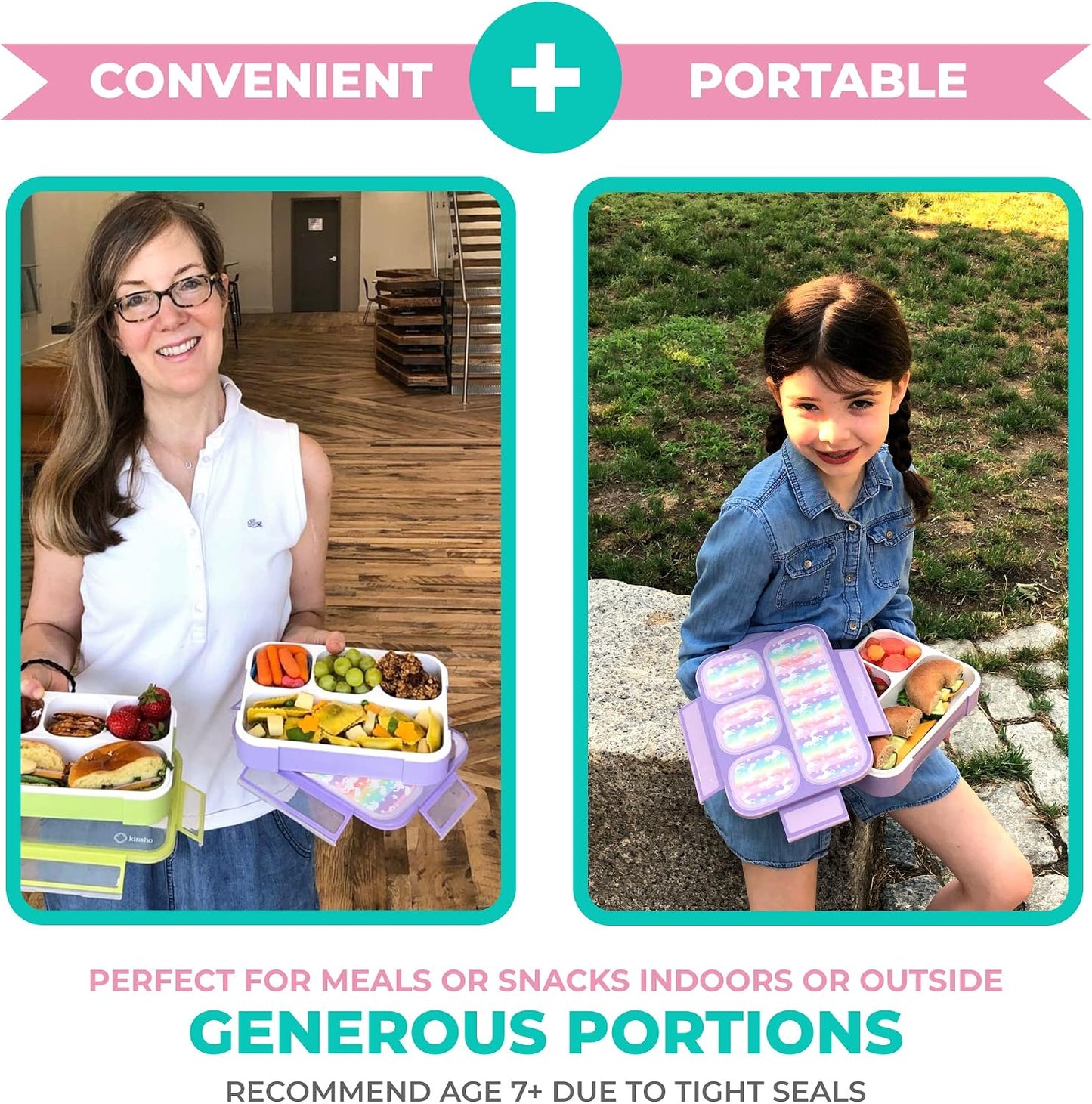 Bento Lunch Box for Kids or Adults, Snack Containers for Boys, Girls, School Daycare Work, 3 Divided Compartments Meal Planning Portion Control, BPA-Free Boxes, Utensils | Blue Purple 2 pack