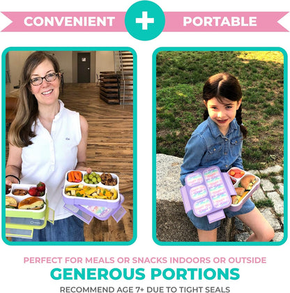 Bento Lunch Box for Kids or Adults, Snack Containers for Boys, Girls, School Daycare Work, 3 Divided Compartments Meal Planning Portion Control, BPA-Free Boxes, Utensils | Blue Purple 2 pack