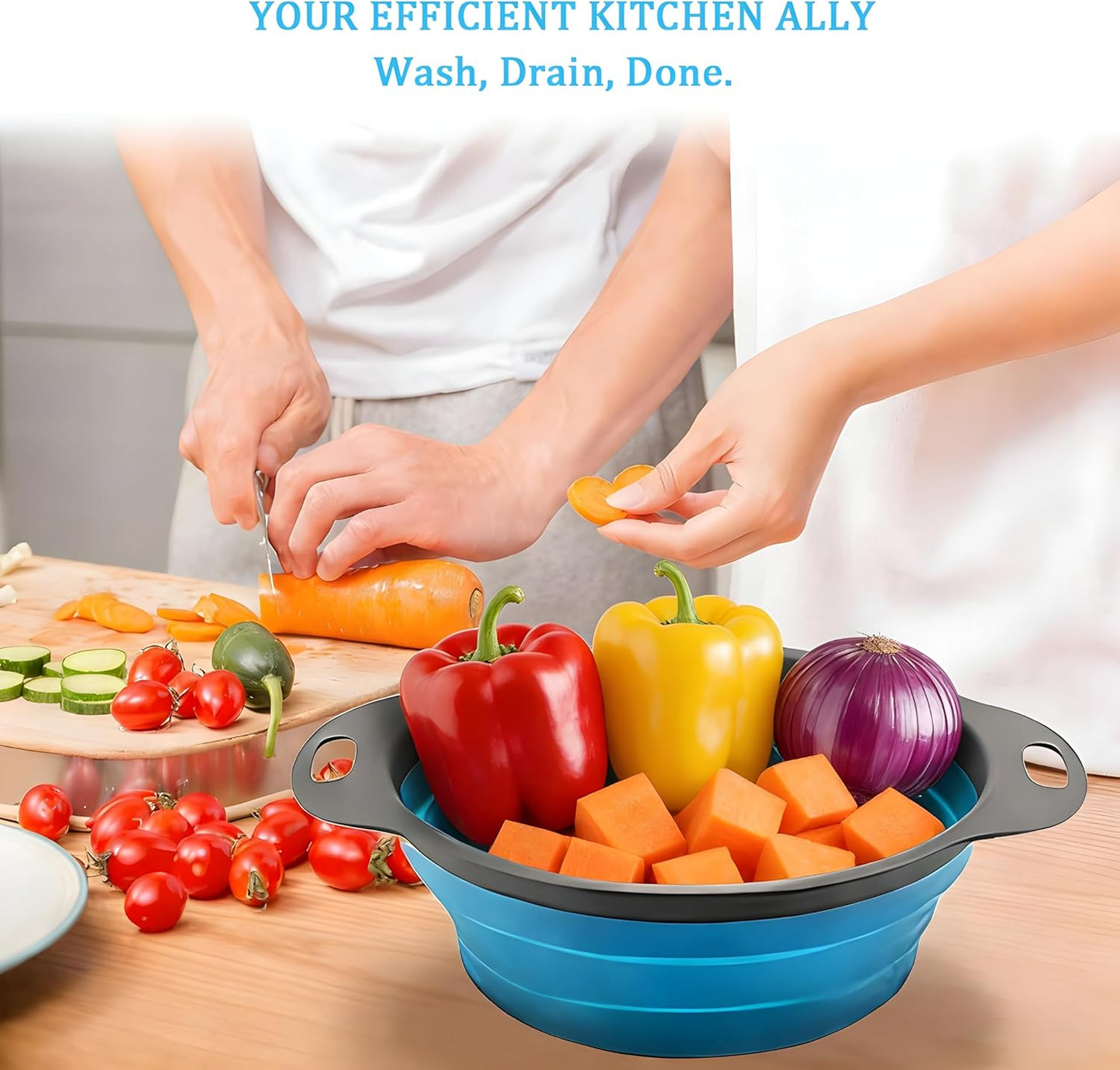 UVB Collapsible Colander Set, Space-Saving Foldable Kitchen Strainer for Pasta, Vegetables & Fruit, Colander for Kitchen with 2 Stainless Steel Hooks & Silicone Funnel – Blue