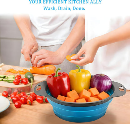 UVB Collapsible Colander Set, Space-Saving Foldable Kitchen Strainer for Pasta, Vegetables & Fruit, Colander for Kitchen with 2 Stainless Steel Hooks & Silicone Funnel – Blue