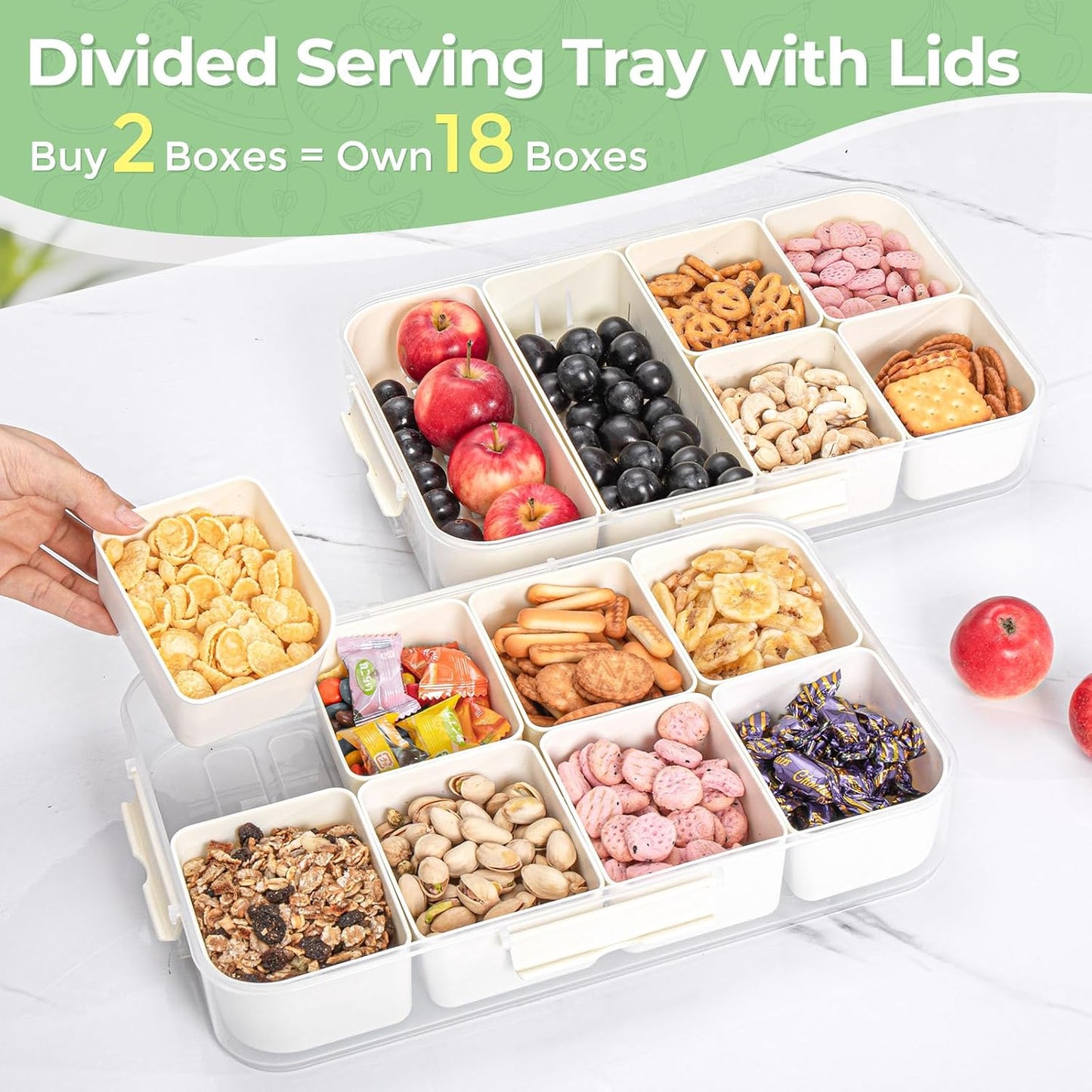 LUXEAR Divided Serving Tray with Lid and Handle Snack Box Charcuterie Container Dishwasher Safe 8 Compartment Snack Platters Portable Clear Organizer for Fruits, Candy, Snacks, Picnic, Travel