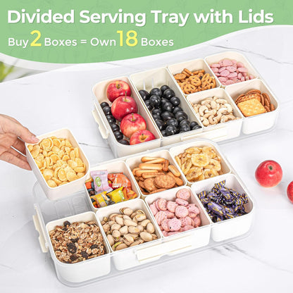 LUXEAR Divided Serving Tray with Lid and Handle Snack Box Charcuterie Container Dishwasher Safe 8 Compartment Snack Platters Portable Clear Organizer for Fruits, Candy, Snacks, Picnic, Travel