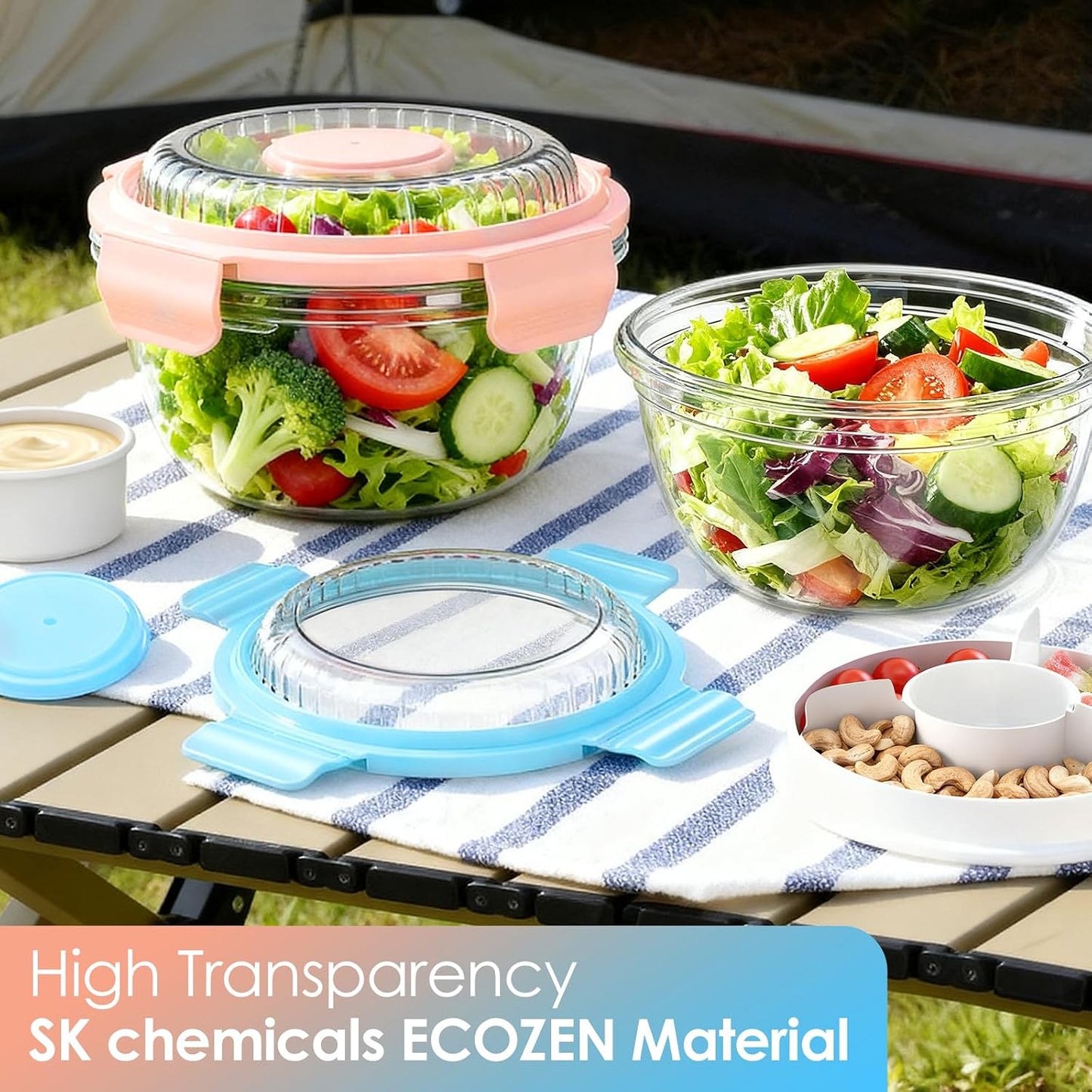 WHALEHOUSE Clear Eco-friendly SK chemicals ECOZEN Salad Container, 33OZ Portable Plastic Salad Bowls with Lid & Snack Tray, Leak-Proof Dressing Container, Reusable Fork, Lunch Box for Meal Prep (Pink)
