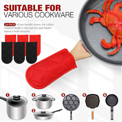 Dandat 24 Set Hot Handle Covers for Daily Replace Use Gift Pan Handle Sleeve Covers Heat Resistant Cast Iron Holder Sleeve Washable Handgrip Mitts for Christmas Kitchen Gifts Craft (Black)