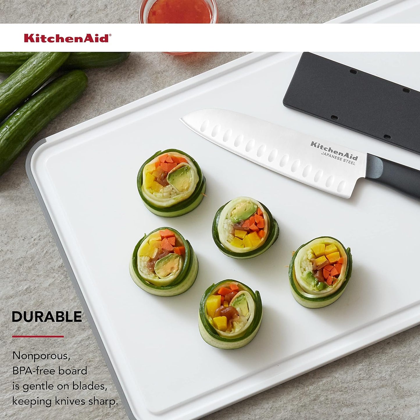 KitchenAid Classic Plastic Cutting Board with Perimeter Trench and Non Slip Edges, Dishwasher Safe, 12 inch x 18 inch, Gray