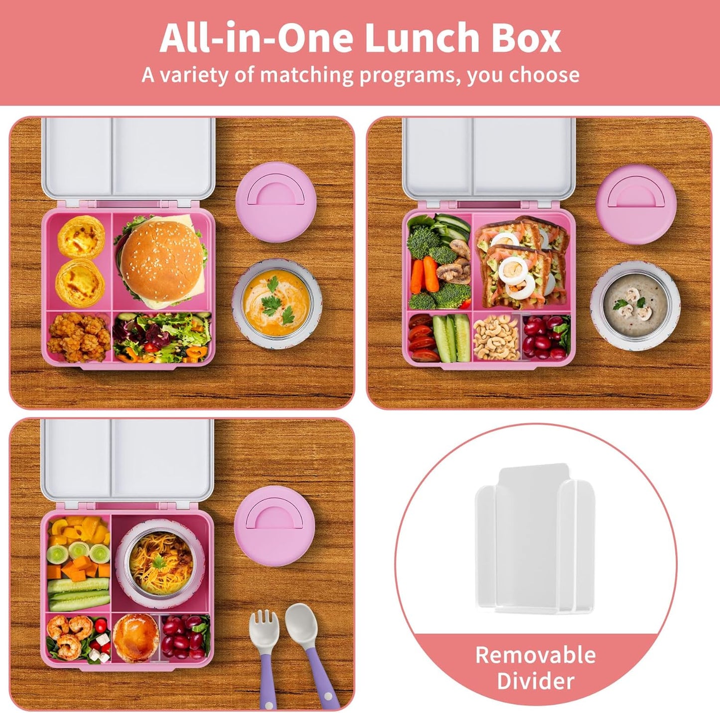 Bento Box for Kids with Thermo Food Container (9oz), 4-Compartment Lunch Box, Adjustable Divider, Leakproof Bento Lunch Box, Includes Utensils & Carry Bag for School, Office(Blue)