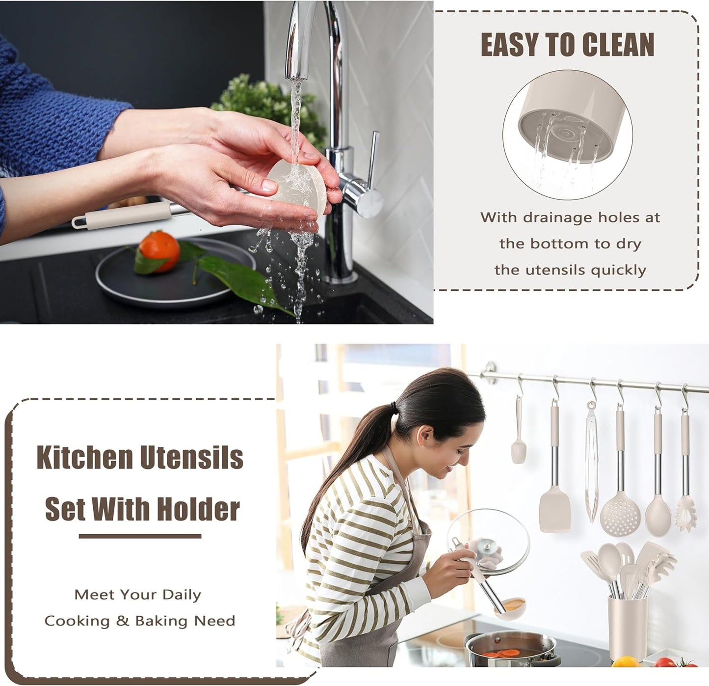 E-far 14 Pieces Silicone Cooking Utensils Set, Kitchen Utensils Set with Holder, Spatula, Ladle, Spoon, Tong, Slotted Turner for Nonstick Cookware, Heat Resistant & Stainless Steel Handle, Black