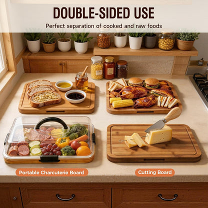 Renmxj Charcuterie Boards with Lid Gift Set, 2 in 1 Travel Portable Cheese Board with Knives Set, Carbonized Bamboo Charcuterie Tray, Housewarming Gifts New Home, Picnic, Wedding Gifts, Black Handle