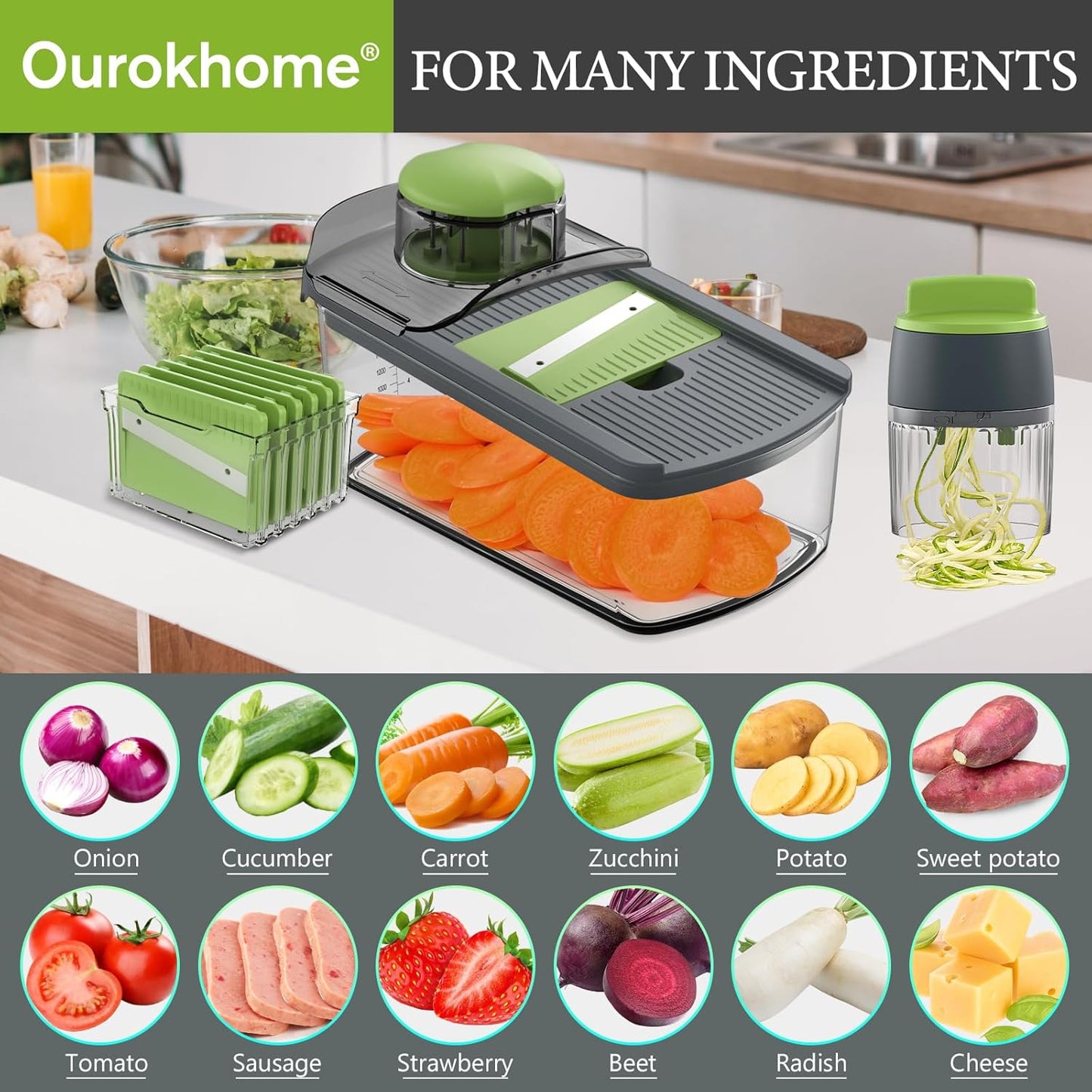 Ourokhome Mandolin Slicer for Kitchen Food, Hand Safe Vegetable Shredder with 6 Mandoline Blades, Veggie Waffle Cutter for Potato, Carrot, Zucchini, Onion, Essential Kitchen Gadgets (6 in 1, Gray)