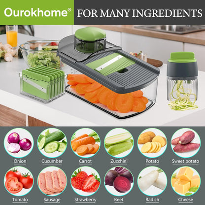 Ourokhome Mandolin Slicer for Kitchen Food, Hand Safe Vegetable Shredder with 6 Mandoline Blades, Veggie Waffle Cutter for Potato, Carrot, Zucchini, Onion, Essential Kitchen Gadgets (6 in 1, Gray)
