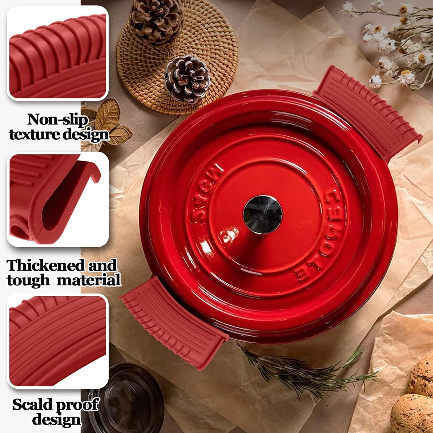 Murtenze 4 Pack Silicone Assist Handle Holder, Non-Slip Hot Pan Handle Covers Heat Resistant Grip Sleeve for Griddles Frying Pans Skillet (Red)