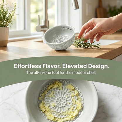 Ceramic Grater Bowl with Herb Stripper & Silicone Garlic Peeler