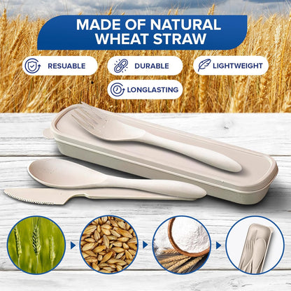 4 Sets Wheat Straw Travel Silverware with Case - Reusable Utensils Set with Case Forks and Spoons Silverware Set Lunch Box Accessories - Fork and Spoon Set Plastic Dinnerware Camping Tableware Set