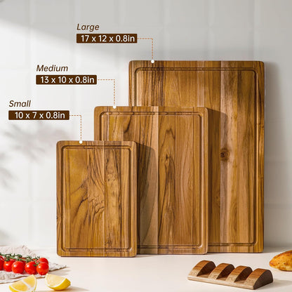 THETCHRY Teak Wood Cutting Board Set of 3 Wooden Cutting Boards for Kitchen | Premium Teak Wood • FSC Certified • Deep Juice Groove • Built-In Handles • Non-Slip Feet • 3 Practical Sizes • Gift-Ready Box