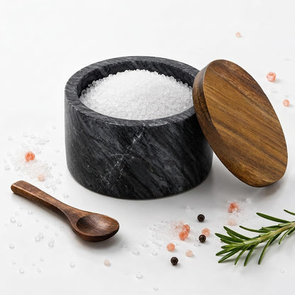 Marble Salt Cellar with Lid & Spoon, Salt Container, Salt Holder