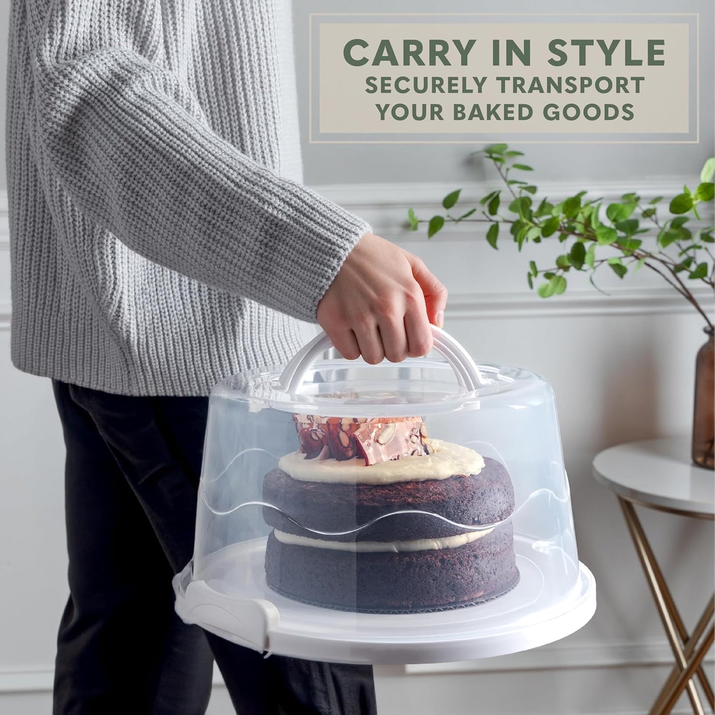 EXTRA LARGE & EXTRA STURDY Cake Carrier, Cake Stand with Lid and Foldable Handles - Multifunctional Serving Platter and Cake Plate - Cake Container with Dome and Strong Snaps 13 x 13 x 7 inch (Green)