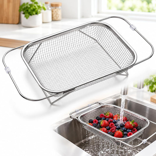 Expandable Over Sink Colander, Stainless Steel Fine Mesh Strainer Basket