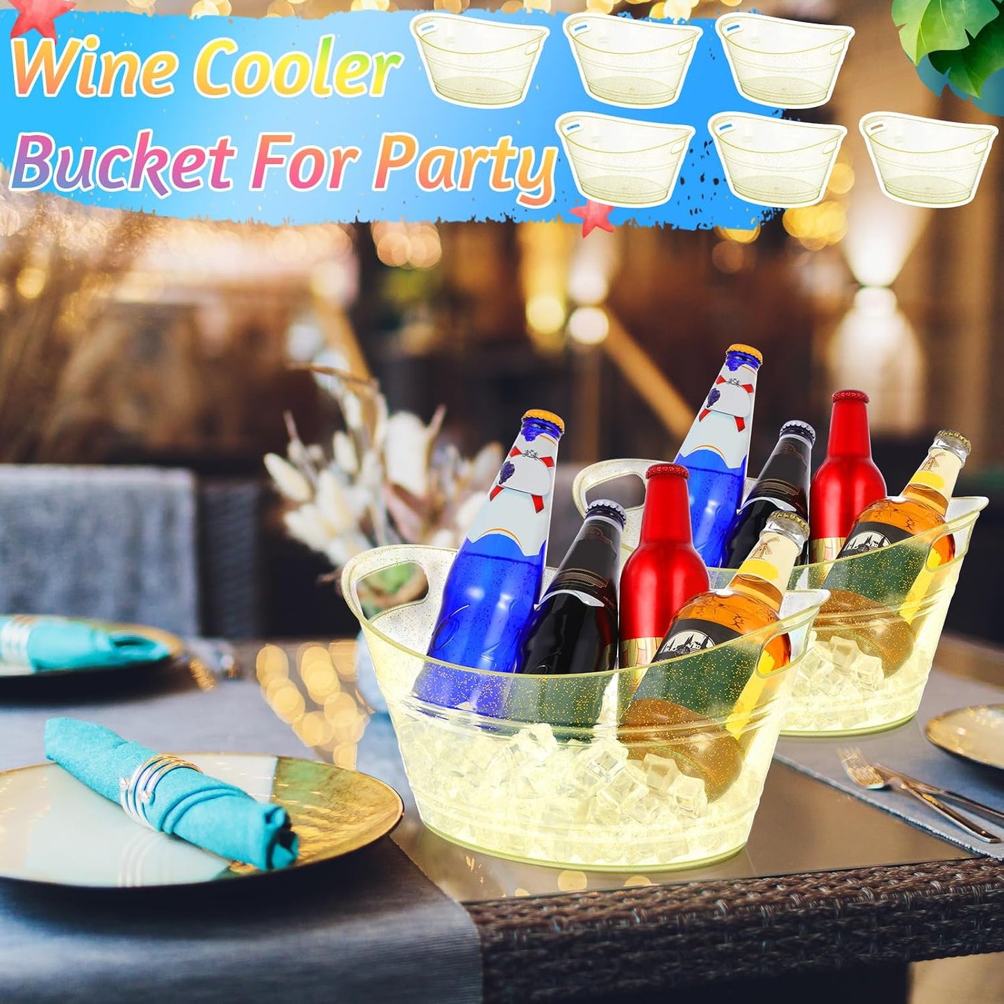 meekoo 6 Pcs Plastic Ice Buckets Bulk with Handles 4.5L Oval Storage Tub Large Capacity Ice Drink Bucket for Party Bar Wine Beer Champagne Beverage Bottle Cooler (4.5 L,Orange)
