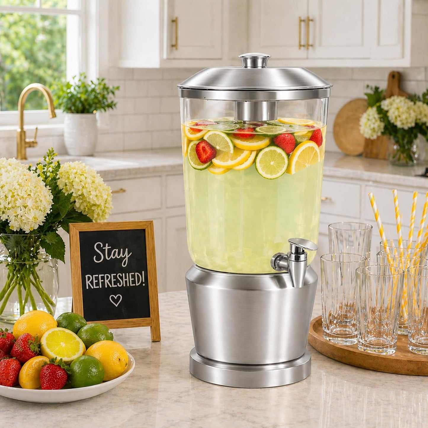 Drink Dispenser with Ice Chambers, Lemonade Tea Water Dispenser with Spigot, Stainless Steel Beverage Jar Jug, Perfect for Home Parties, Weddings, Gifts & Events (Gold, 3, Gallons)