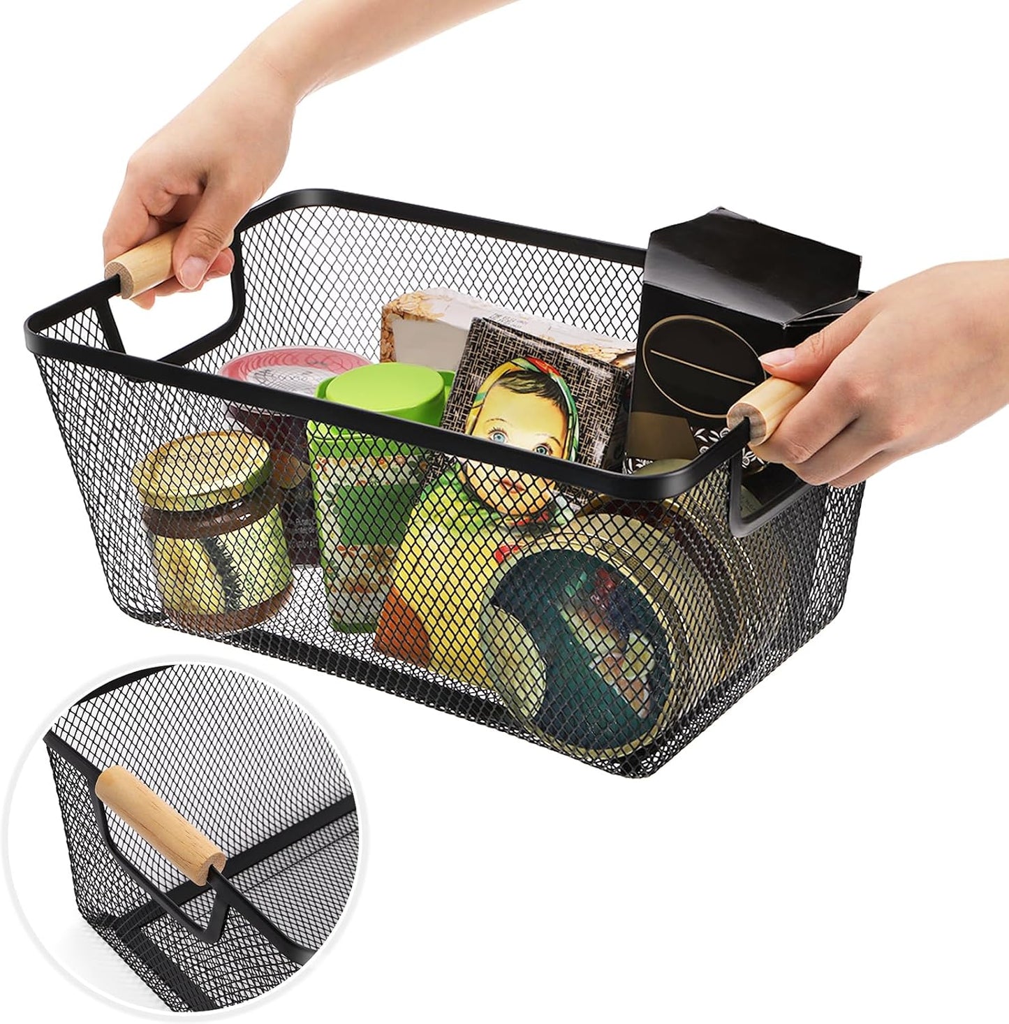 Noamus 3 Pack Metal Mesh Basket with Wooden Handle, Farmhouse Wire Steel Storage Bins, Rectangle Fruit Vegetable Organizer Containers for Home Cabinet Pantry Kitchen Decor, Snack Gift (Black, 3 Size)