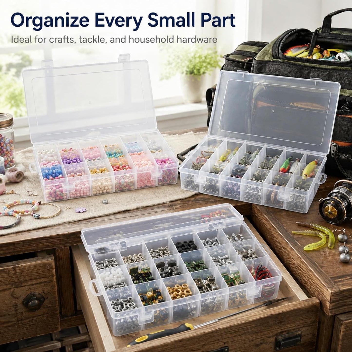APACALI 6 Pack Plastic Organizer Box with Dividers, 18 Grids Clear Tackle Box Organizer, Adjustable Compartment Storage Boxes for Beads, Jewelry, Crafts, Fishing Lures, Screws and Small Parts