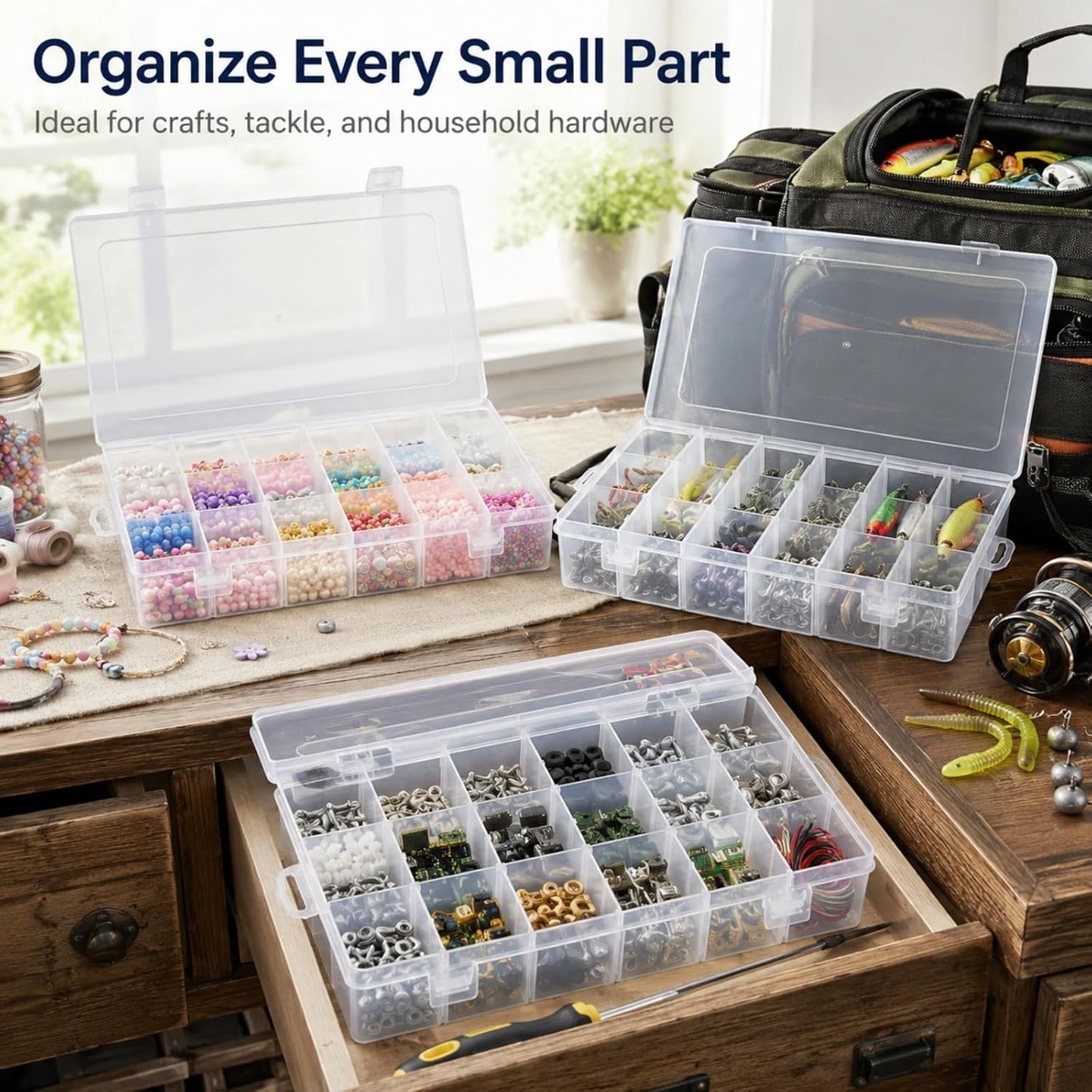 APACALI 6 Pack Plastic Organizer Box with Dividers, 18 Grids Clear Tackle Box Organizer, Adjustable Compartment Storage Boxes for Beads, Jewelry, Crafts, Fishing Lures, Screws and Small Parts