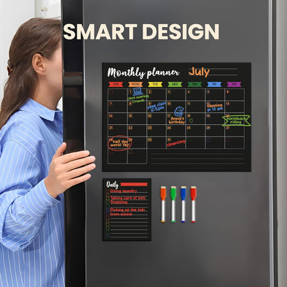 Magnetic Fridge Calendar Dry Erase - Weekly Magnetic Calendar for Refrigerator - Weekly Planner Fridge, Erasers, Markers & Note Pads (Black)