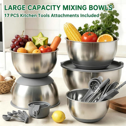 Deedro Premium Mixing Bowls with Airtight Lids Set, 22Pcs Thicker Stainless Steel Mixing Bowl Set, Large Prep Metal Bowls, Non-Slip Silicone Base Nesting Bowls for Kitchen, 1.5/2/3/4/5 QT, Black