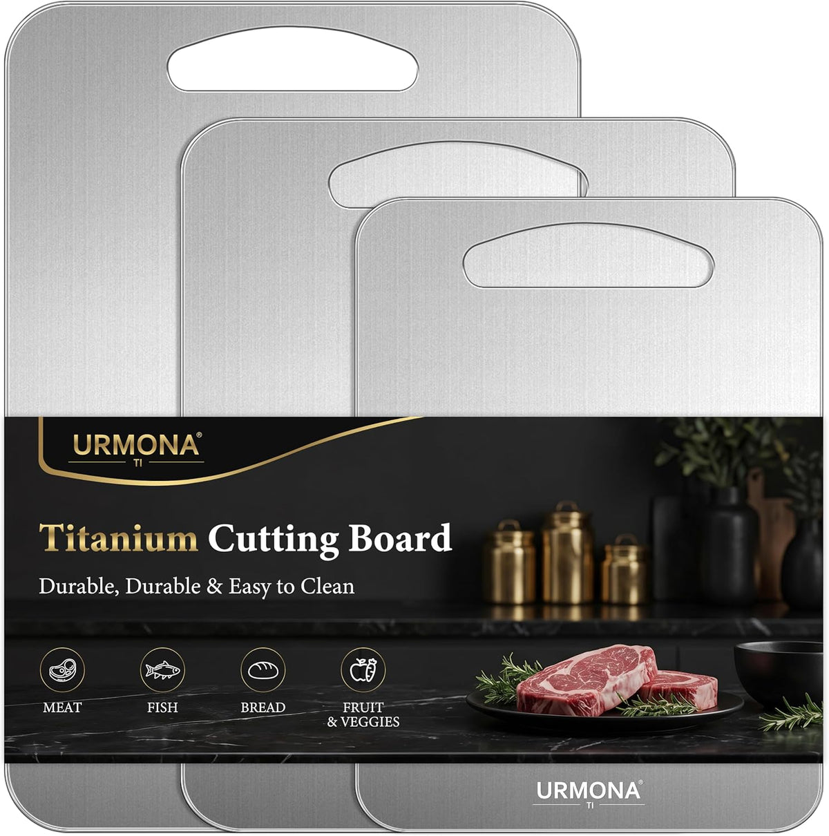 URMONA 3 PCS 304 Stainless Steel Cutting Board Set for Kitchen