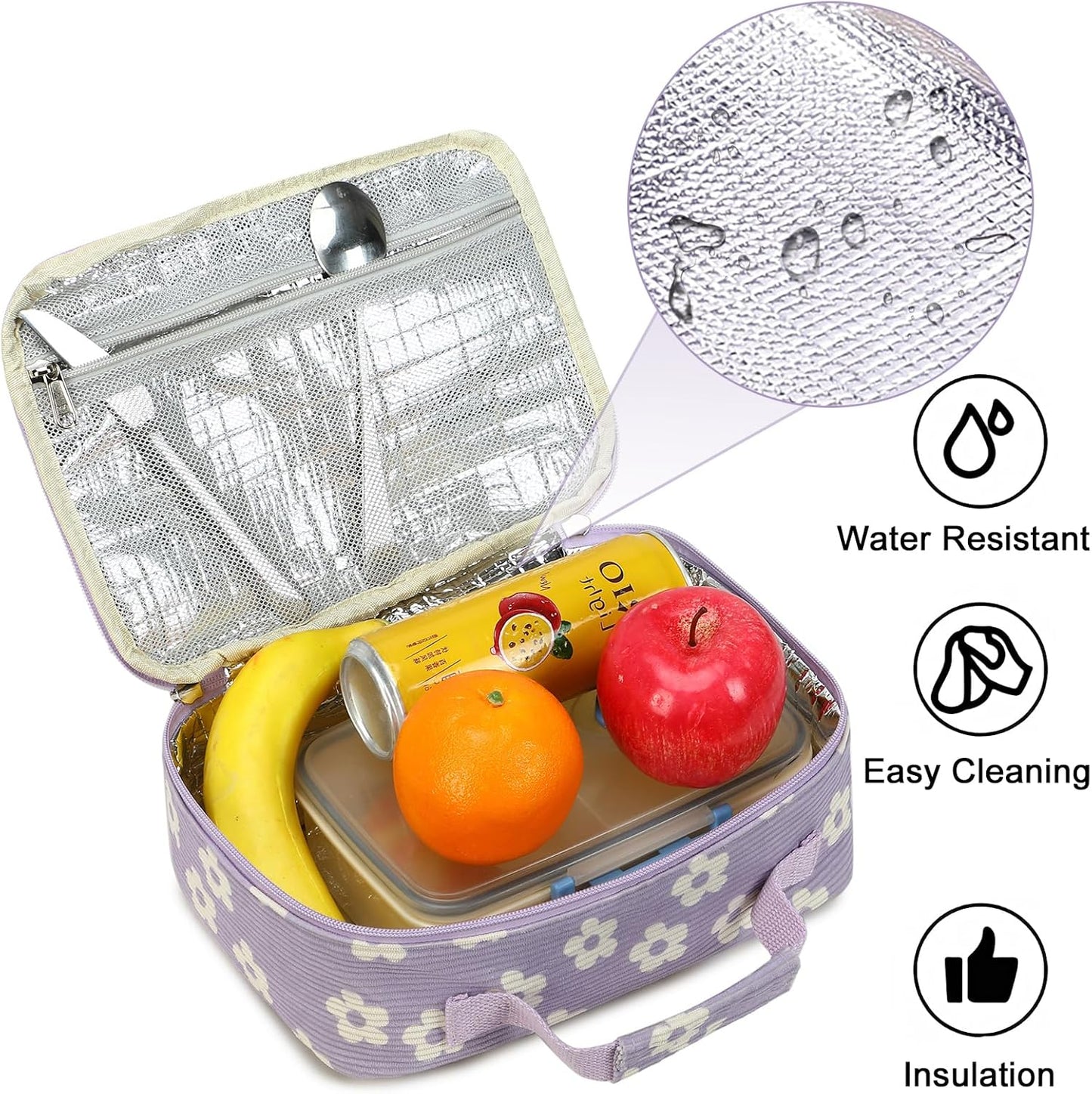 Bluboon Insulated Lunch Bag for Girls & Boys, Corduroy School Lunch Box with Cooler & Organizer Compartments, Leak-Proof Lunch Tote for School, Travel (Corduroy Strawberries Beige)