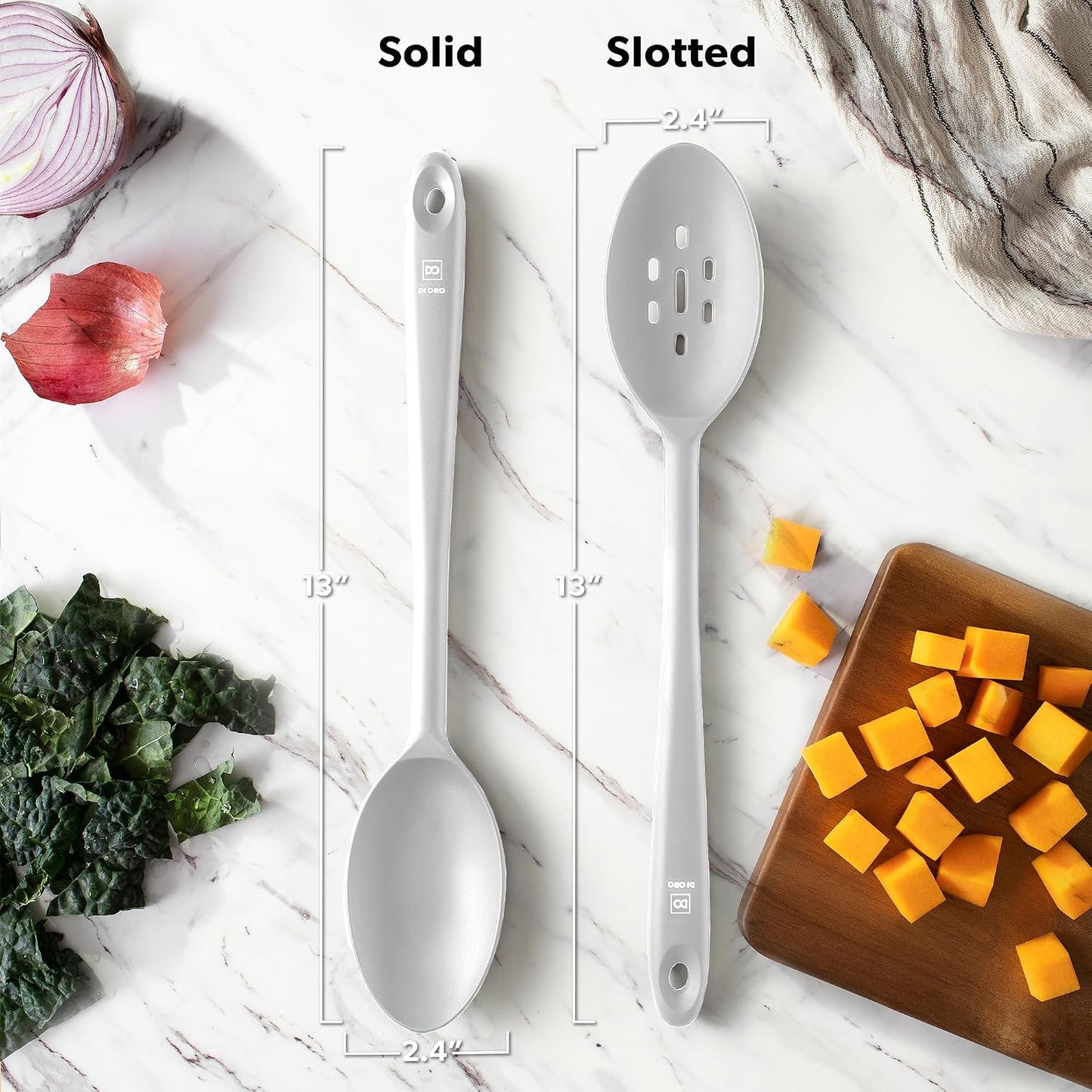 DI ORO Silicone Spoons for Cooking - Large Kitchen Spoons for Mixing, Serving, & Stirring - 600°F Heat-Resistant Non Stick Utensils – Big Solid & Slotted - Dishwasher Safe (2pc, Black)