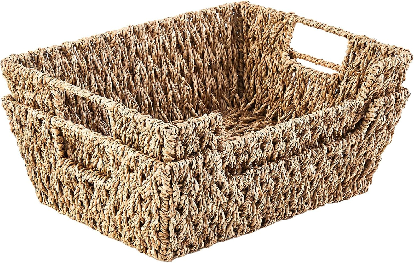LGEHOOM Seagrass Wicker Storage Baskets Open-Front Pantry Baskets With Handles Handwoven Rattan Shelf Baskets for Organizer and Storage, 2 Pack