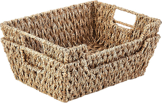 LGEHOOM Seagrass Wicker Storage Baskets Open-Front Pantry Baskets With Handles Handwoven Rattan Shelf Baskets for Organizer and Storage, 2 Pack