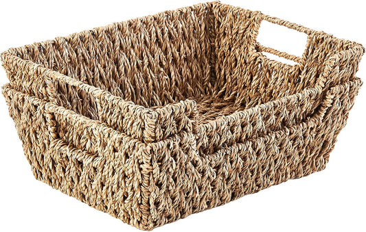 LGEHOOM Seagrass Wicker Storage Baskets Open-Front Pantry Baskets With Handles Handwoven Rattan Shelf Baskets for Organizer and Storage, 2 Pack